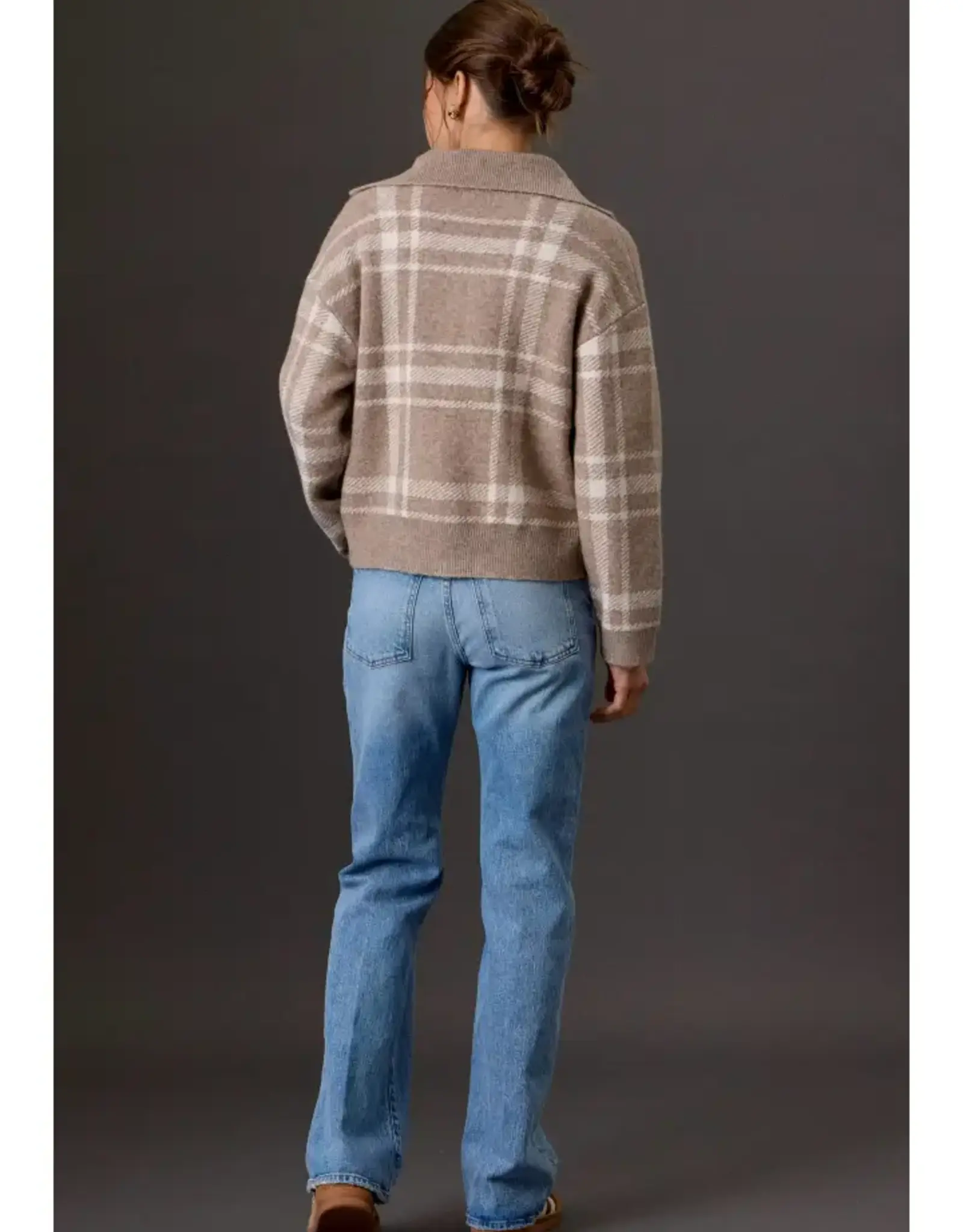 High Collar Plaid  Sweater Jacket
