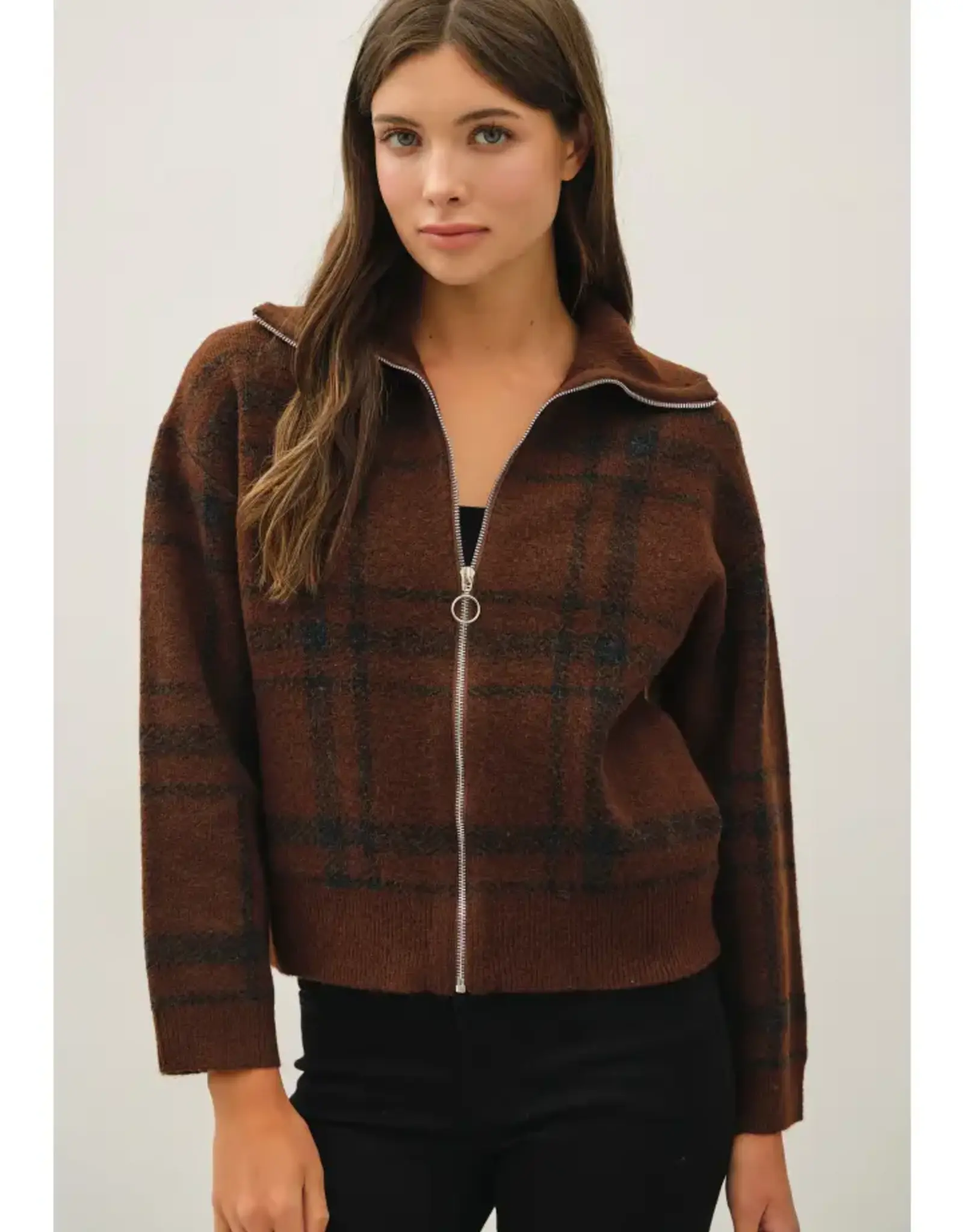 High Collar Plaid  Sweater Jacket