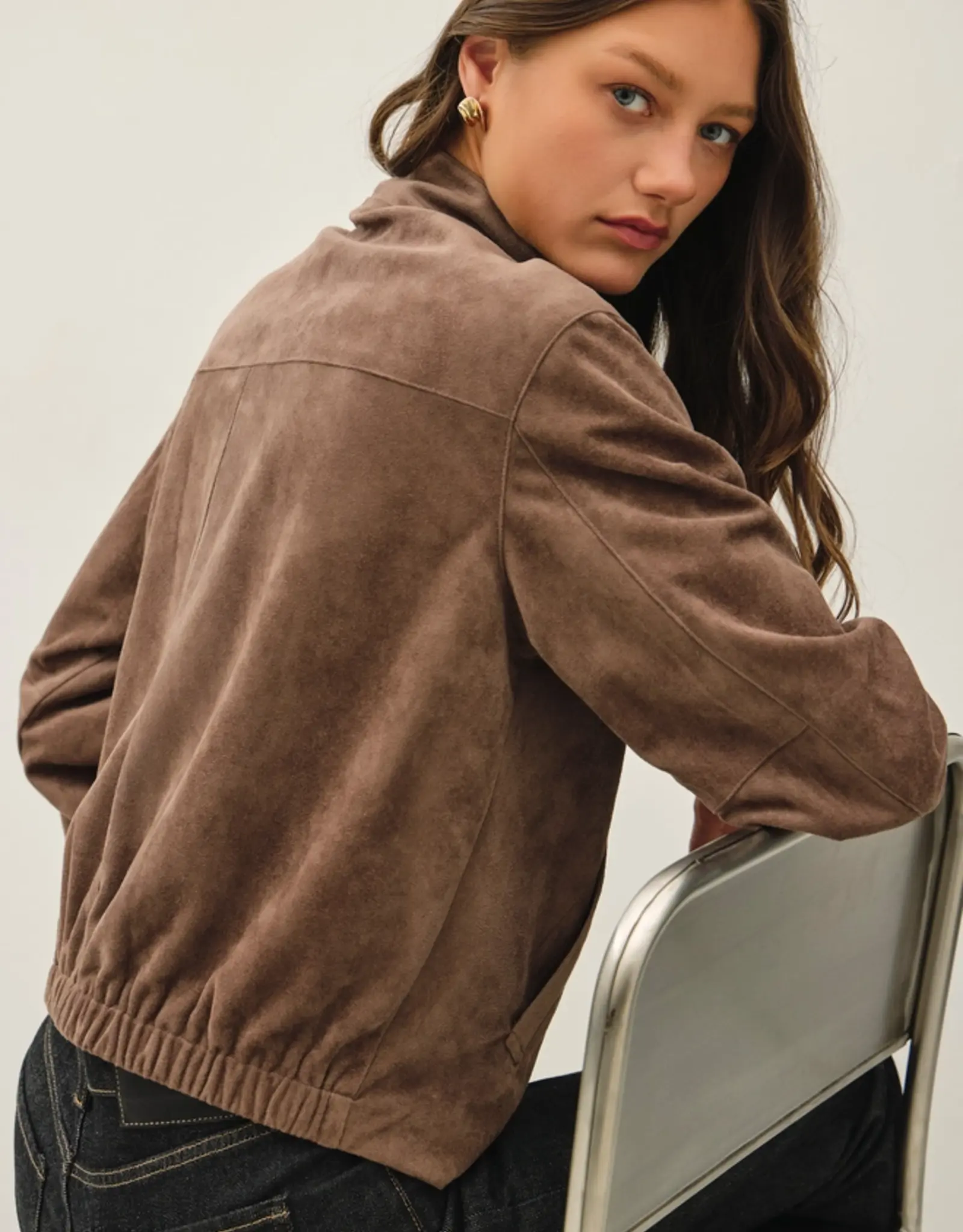 High Neck, Collared, Suede Bomber