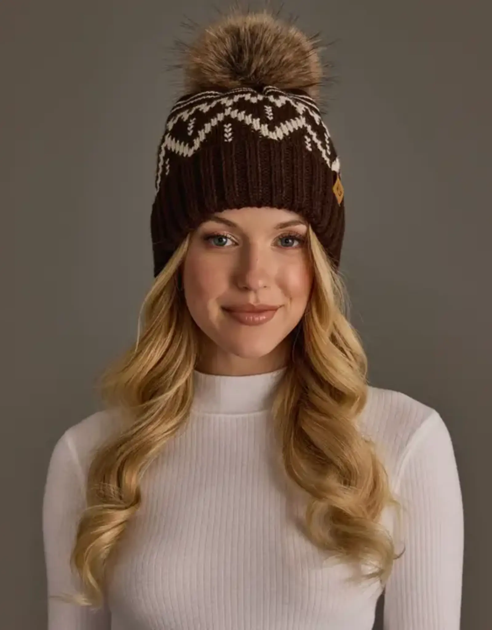 Panache Apparel Co. Patterned Pom Hat, Chocolate Brown & Beige
