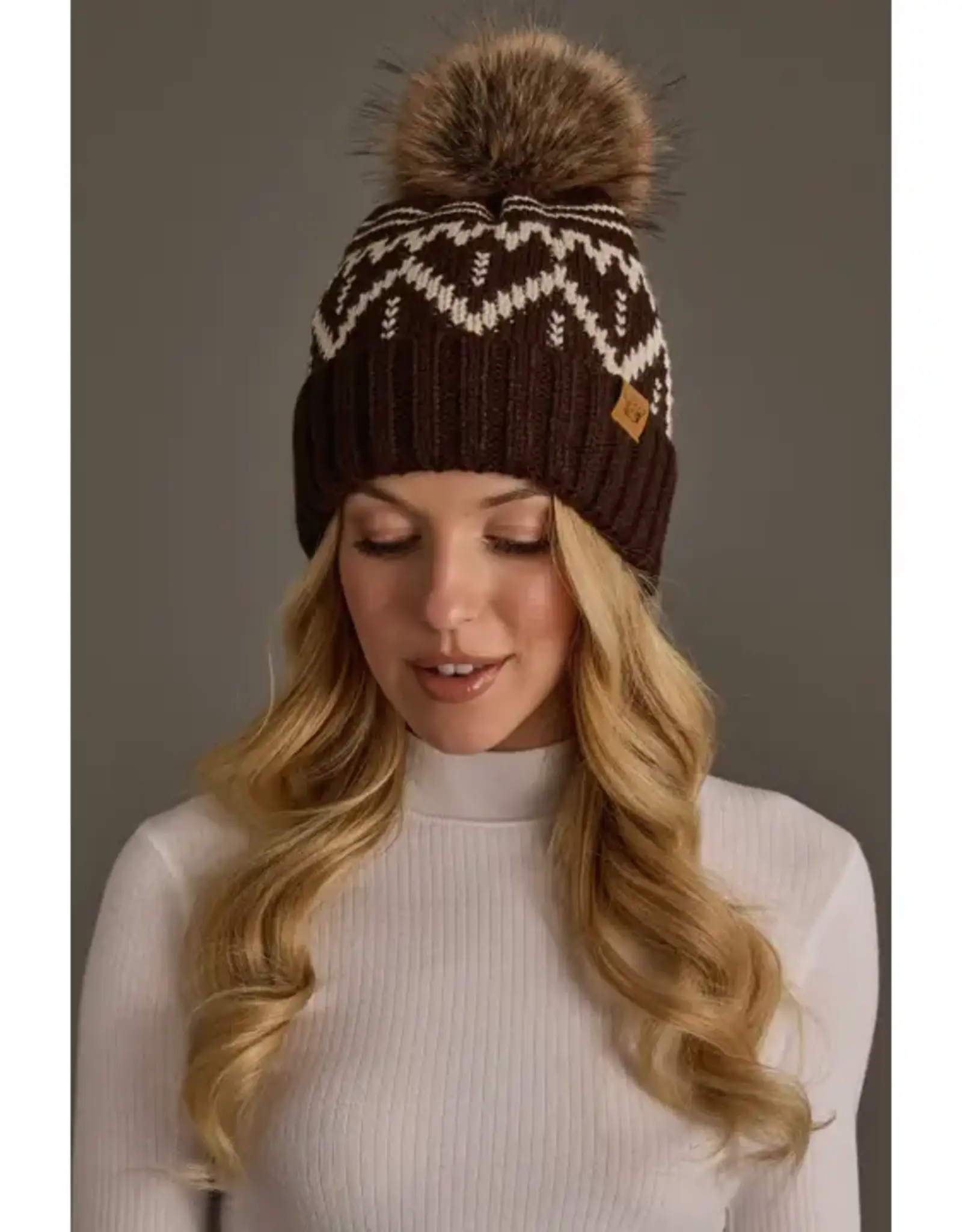 Panache Apparel Co. Patterned Pom Hat, Chocolate Brown & Beige