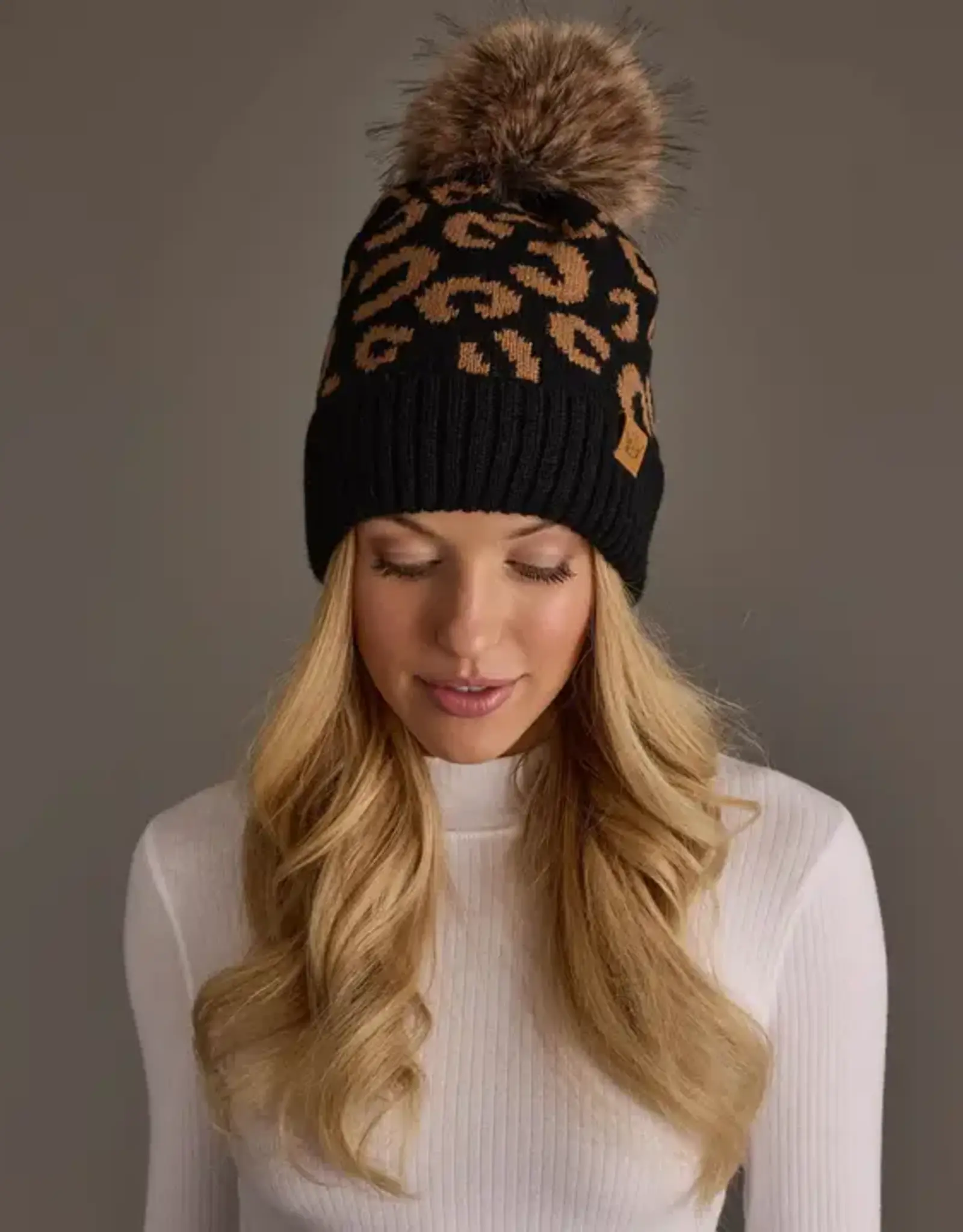 Panache Apparel Co. Patterned Pom Hat, Black Leopard