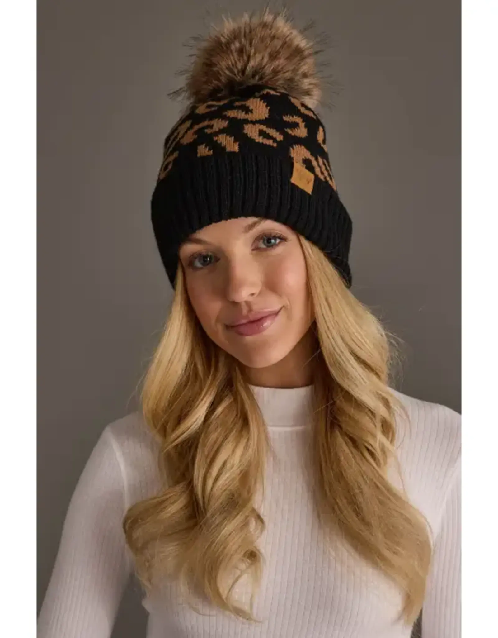 Panache Apparel Co. Patterned Pom Hat, Black Leopard