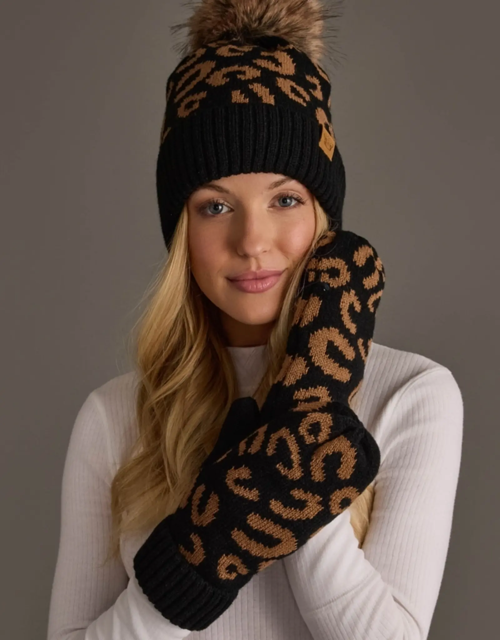 Panache Apparel Co. Patterned Pom Hat, Black Leopard