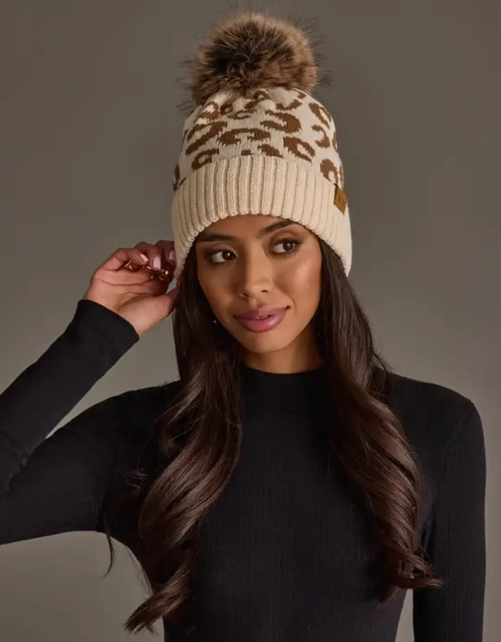 Panache Apparel Co. Patterned Pom Hat, Cream Leopard