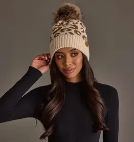 Panache Apparel Co. Patterned Pom Hat, Cream Leopard