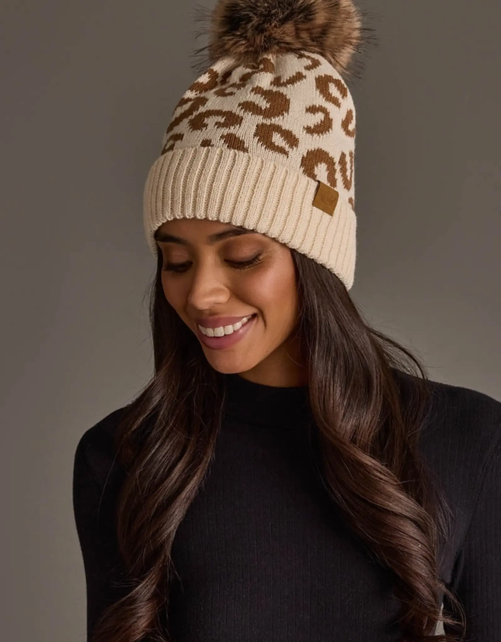 Panache Apparel Co. Patterned Pom Hat, Cream Leopard