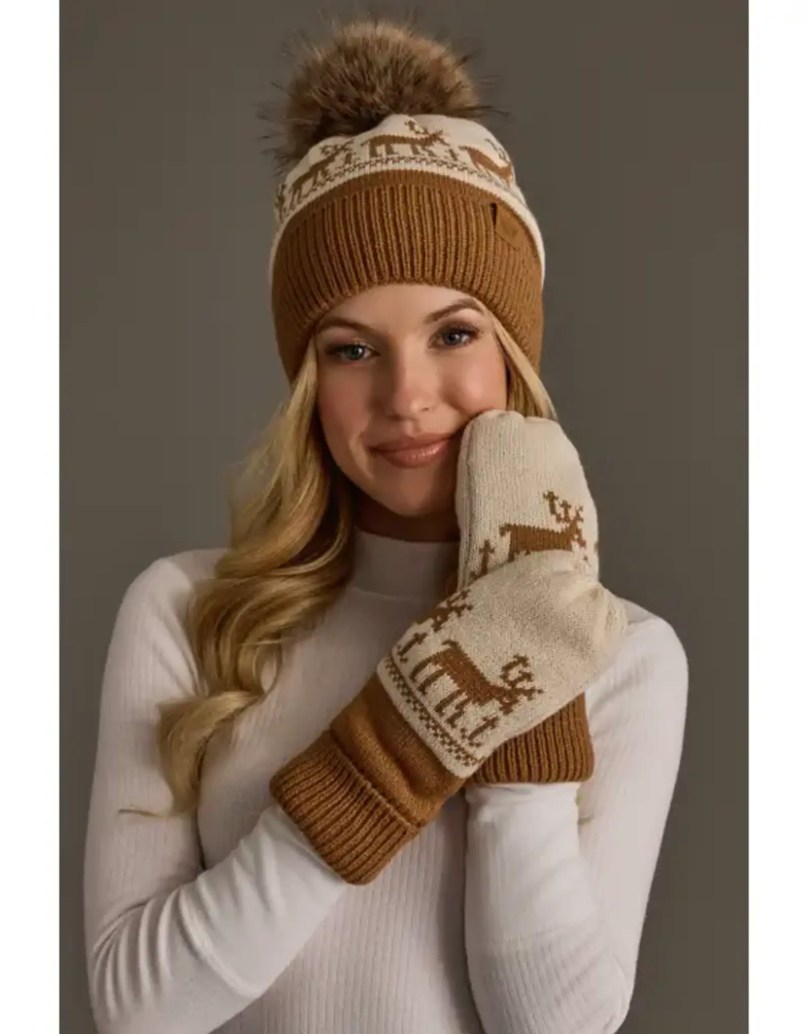 Panache Apparel Co. Patterned Pom Hat, Camel & Beige Deer