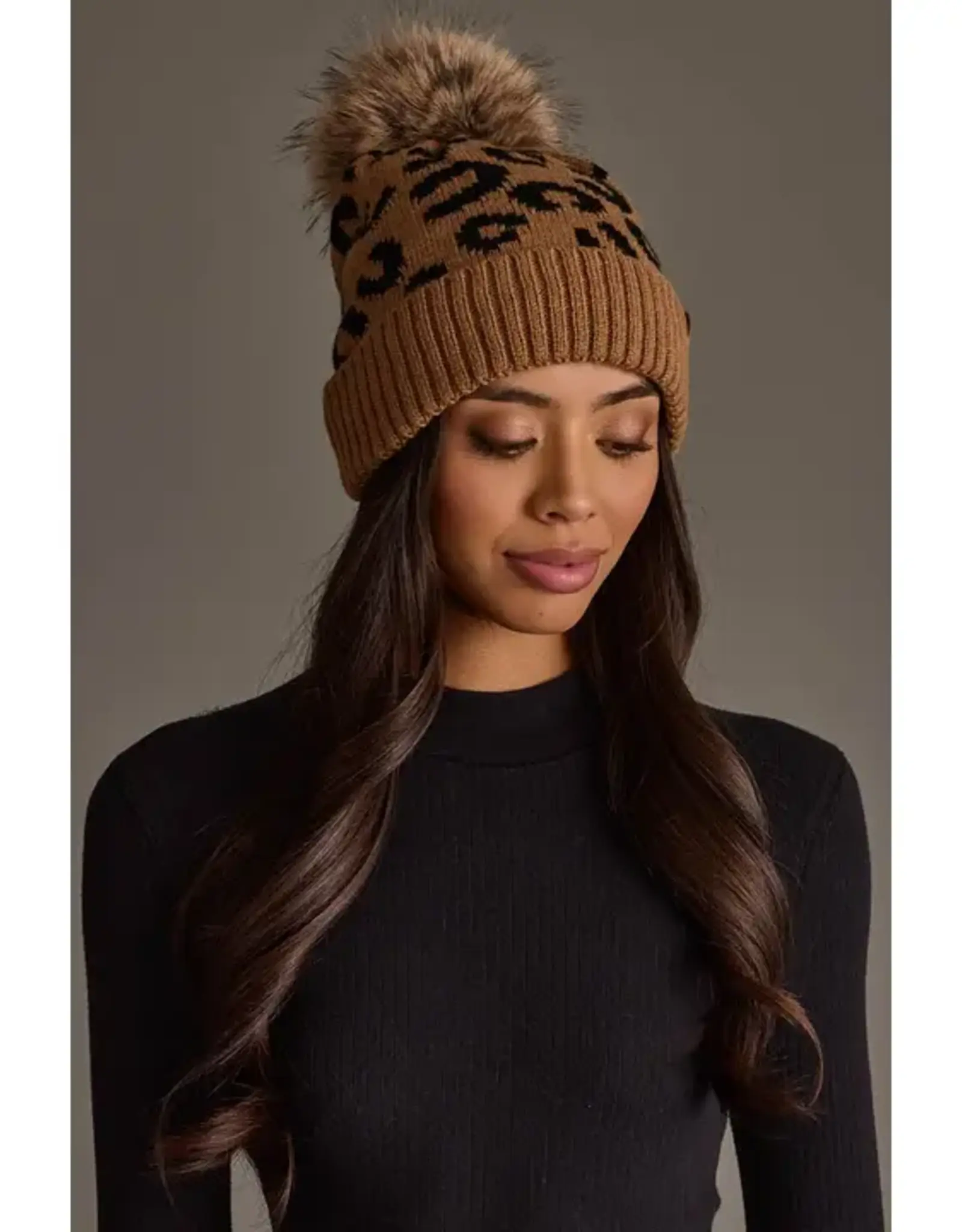 Panache Apparel Co. Patterned Pom Hat, Camel Leopard