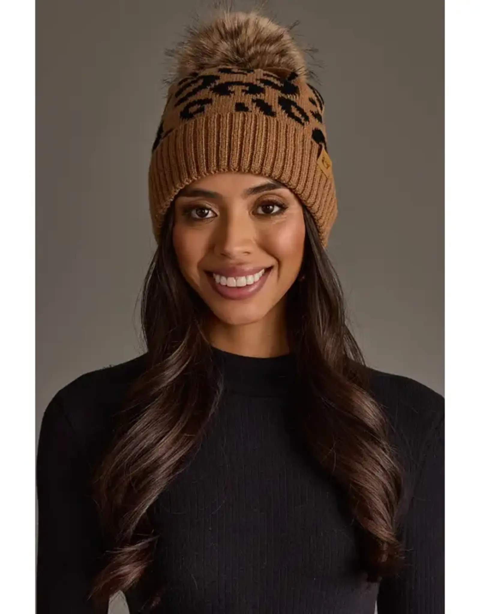 Panache Apparel Co. Patterned Pom Hat, Camel Leopard