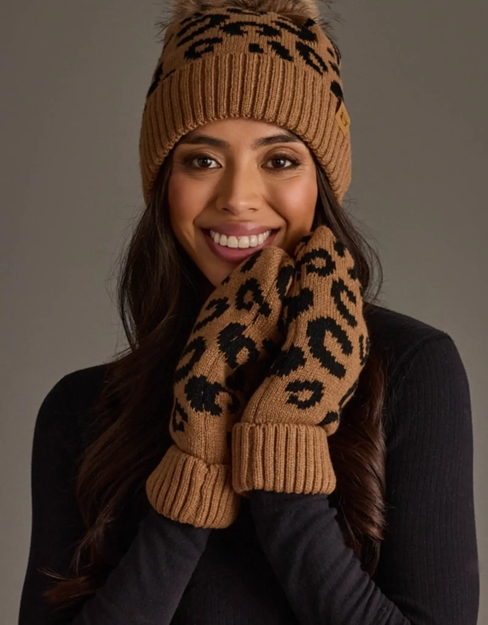 Panache Apparel Co. Patterned Pom Hat, Camel Leopard