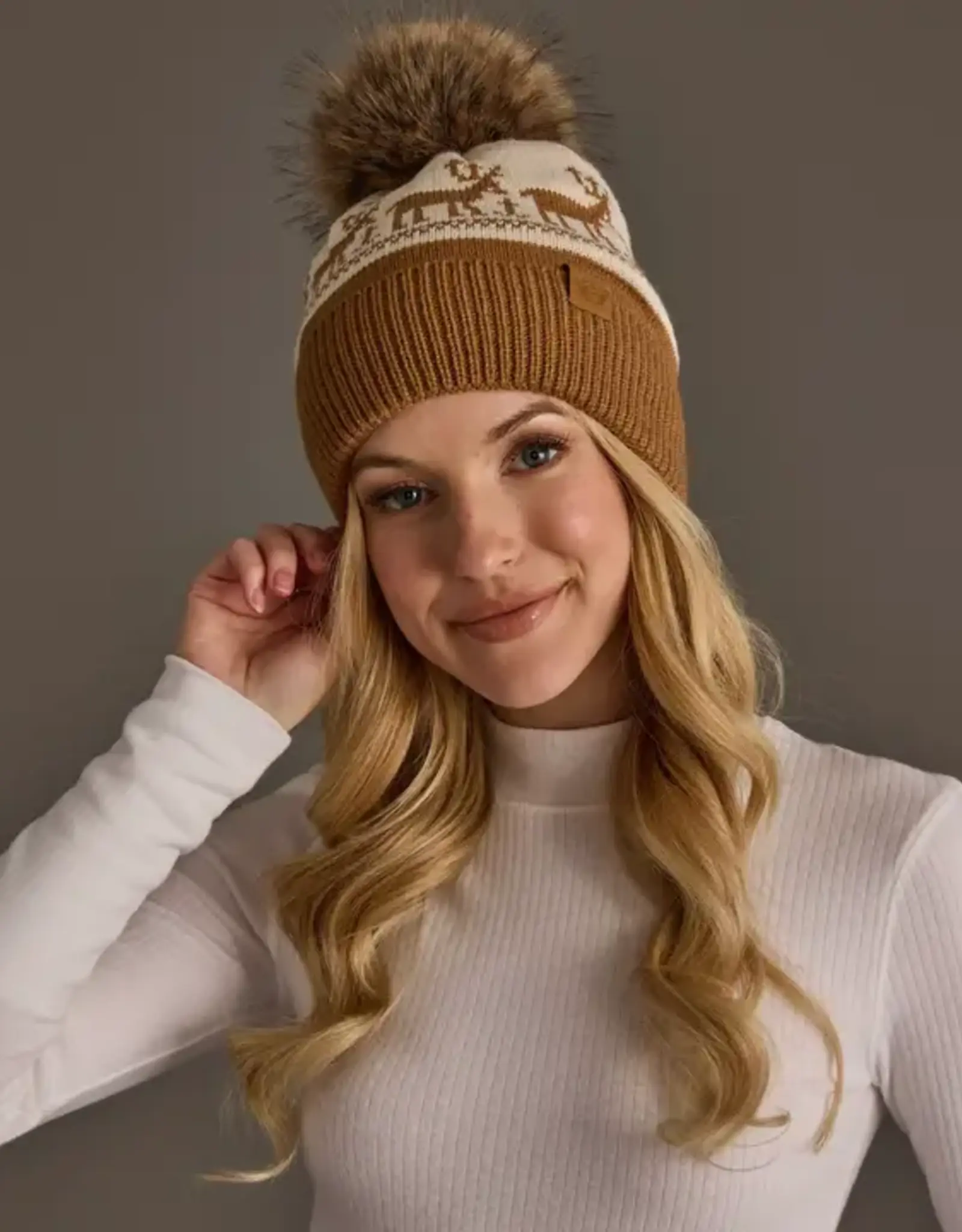 Panache Apparel Co. Patterned Pom Hat, Camel & Beige Deer