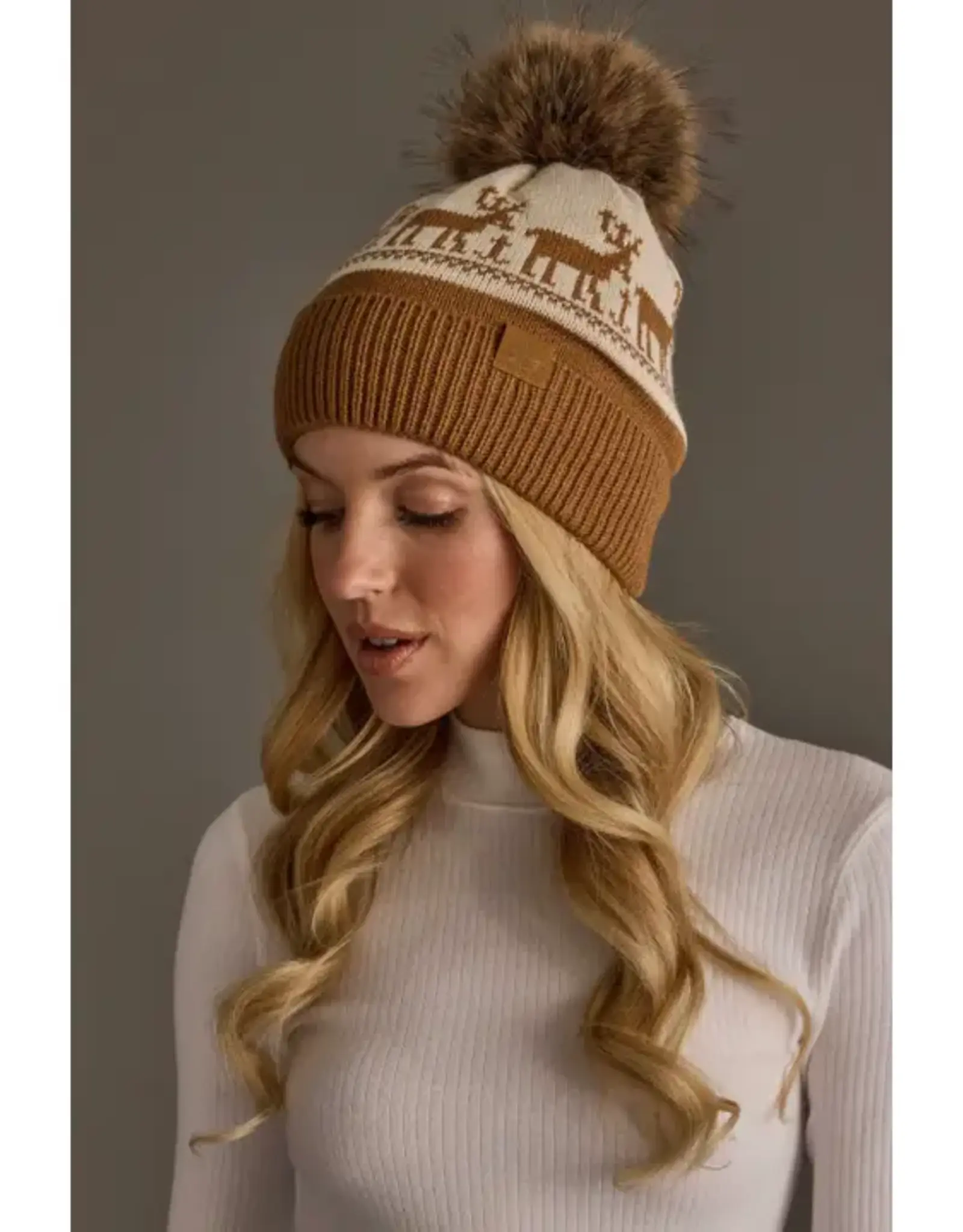 Panache Apparel Co. Patterned Pom Hat, Camel & Beige Deer