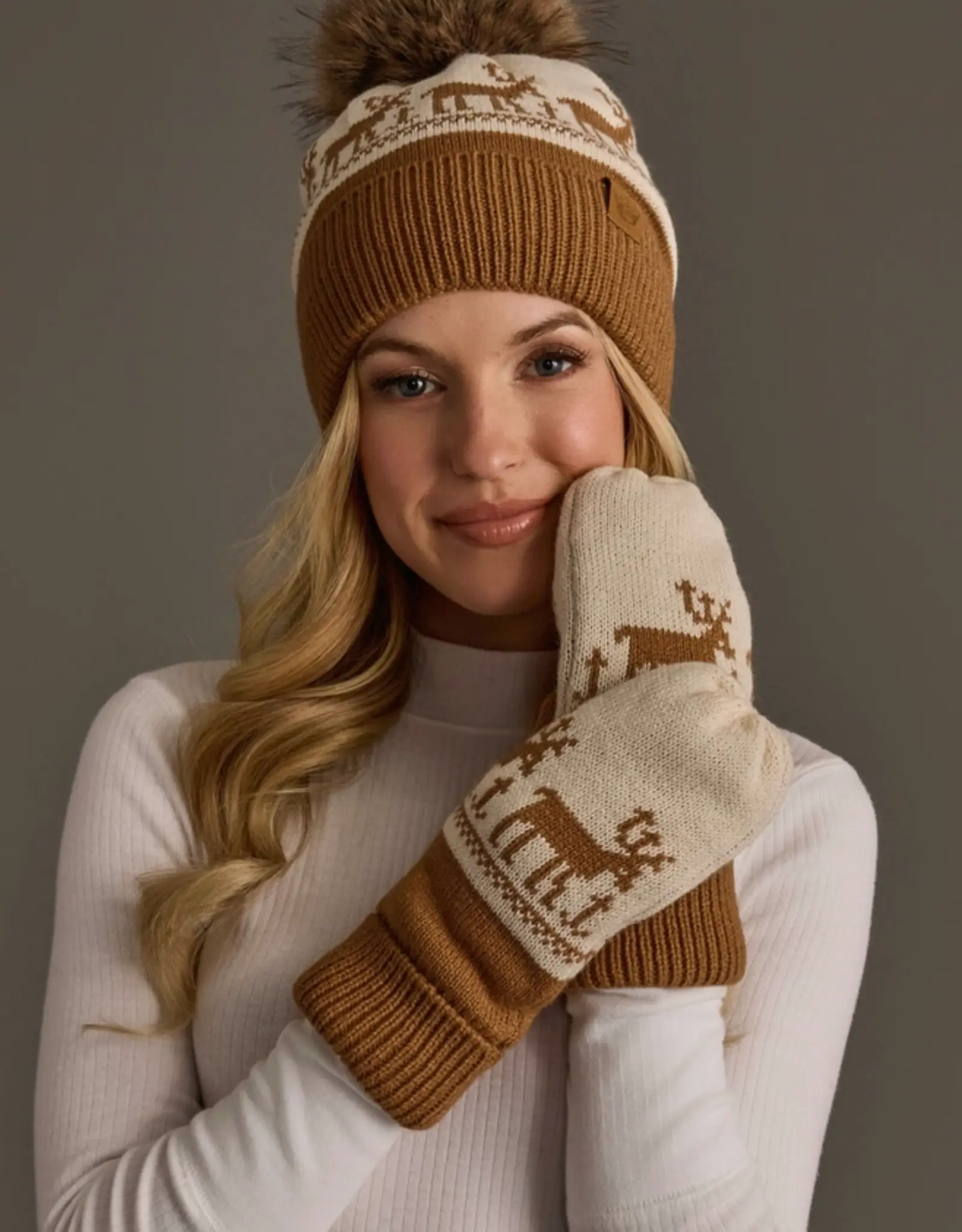 Panache Apparel Co. Pattern Mittens, Camel & Beige Deer