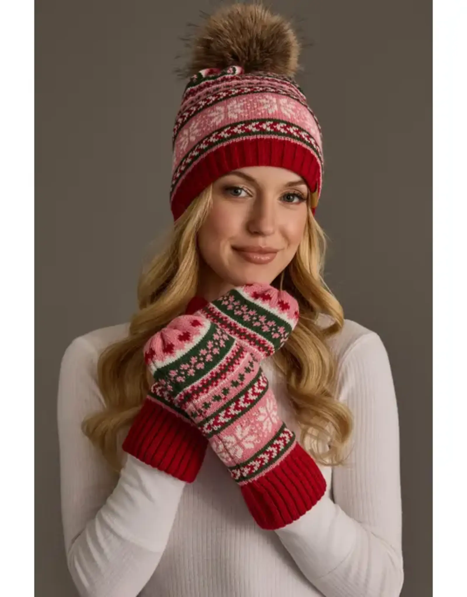 Panache Apparel Co. Christmas Pattern Mittens, Red Pink Green