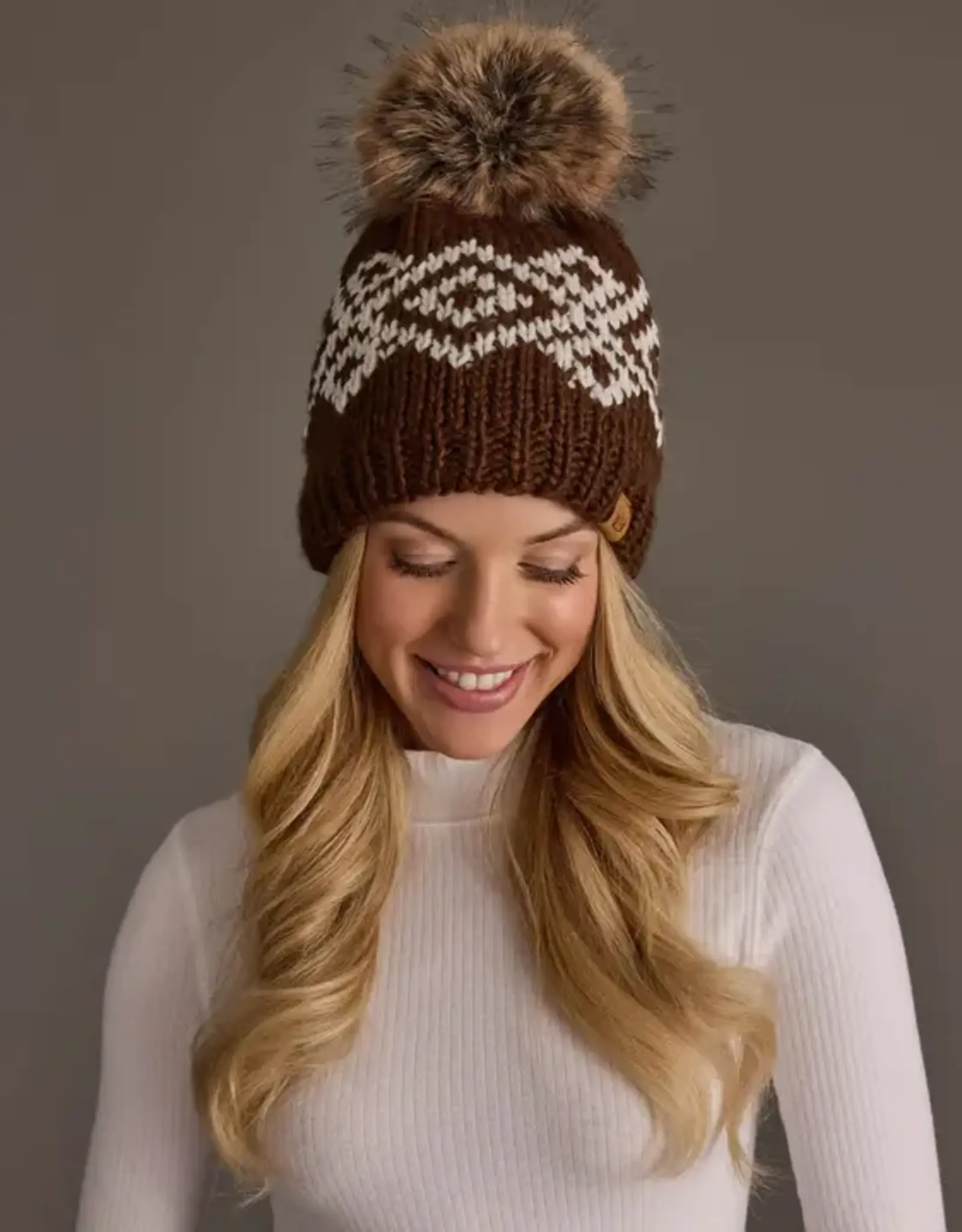 Panache Apparel Co. Patterned Pom Hat, Brown & White