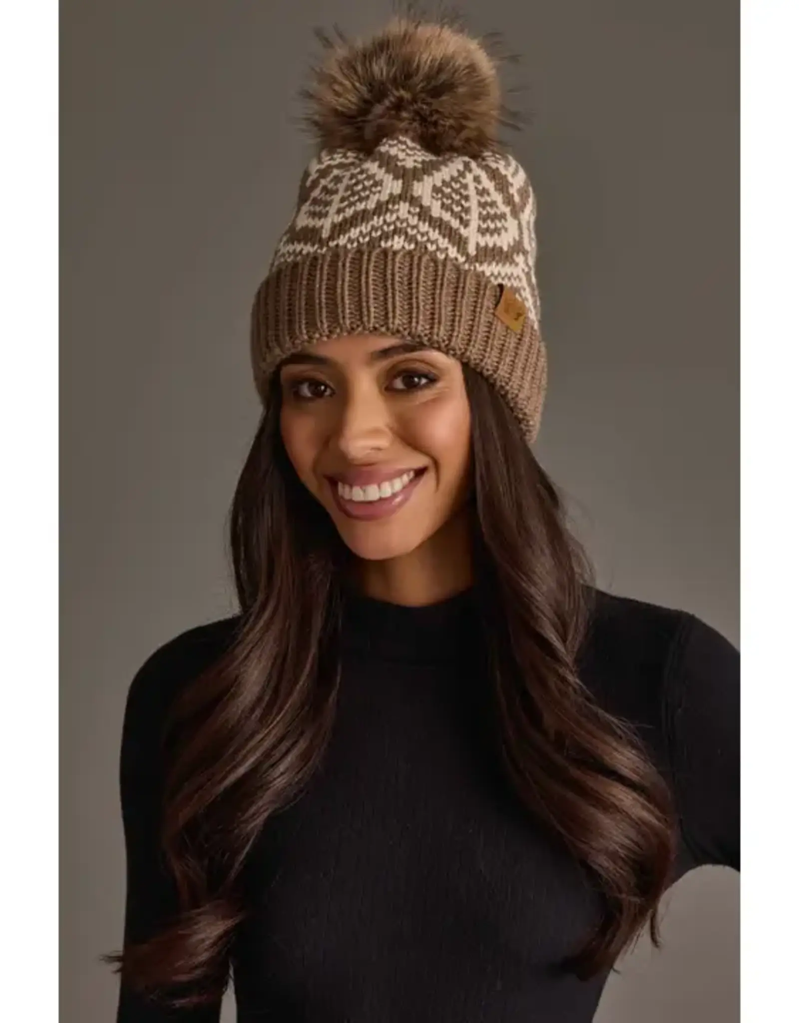 Panache Apparel Co. Patterned Pom Hat, Taupe & Beige