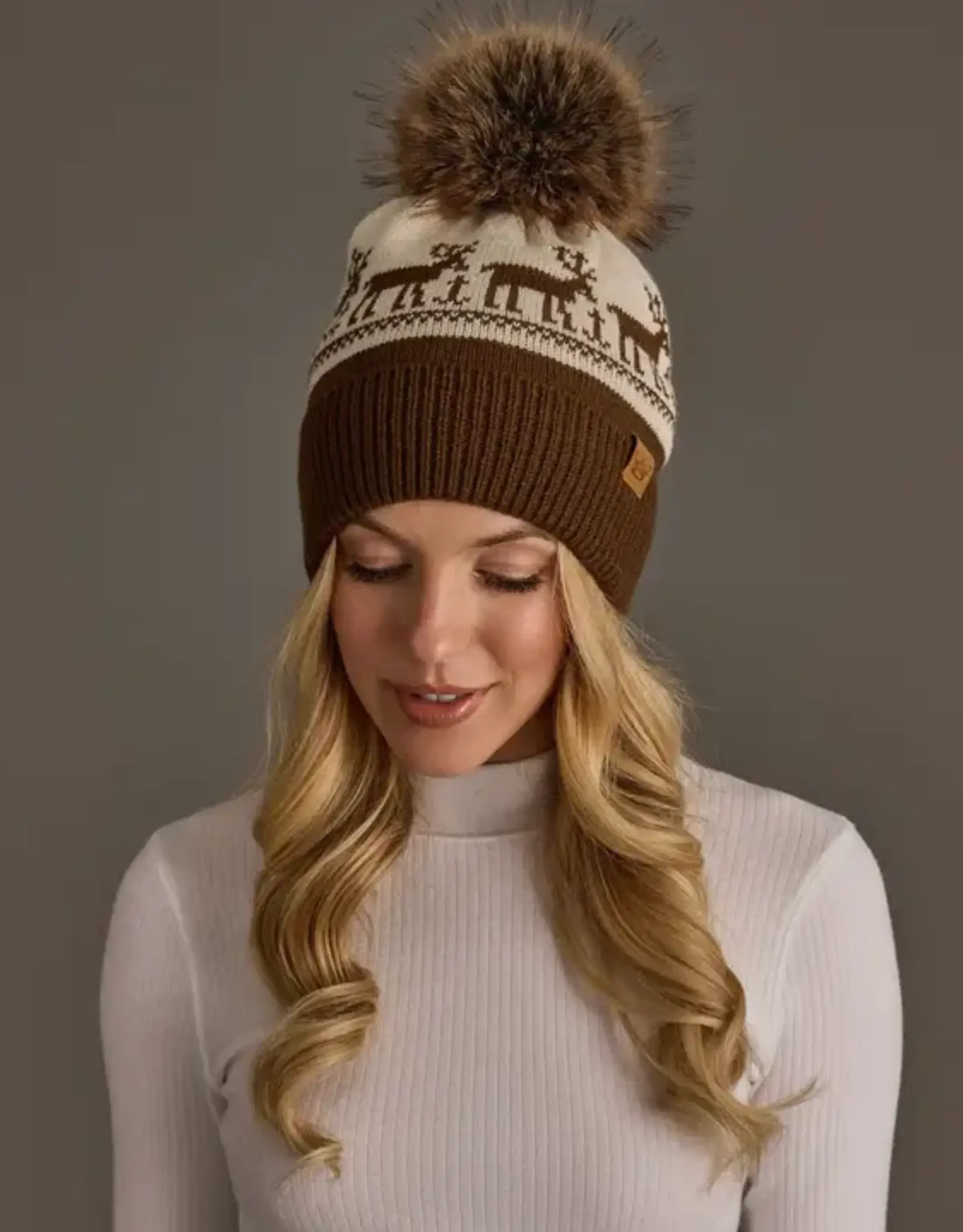 Panache Apparel Co. Patterned Pom Hat, Brown & Beige Deer