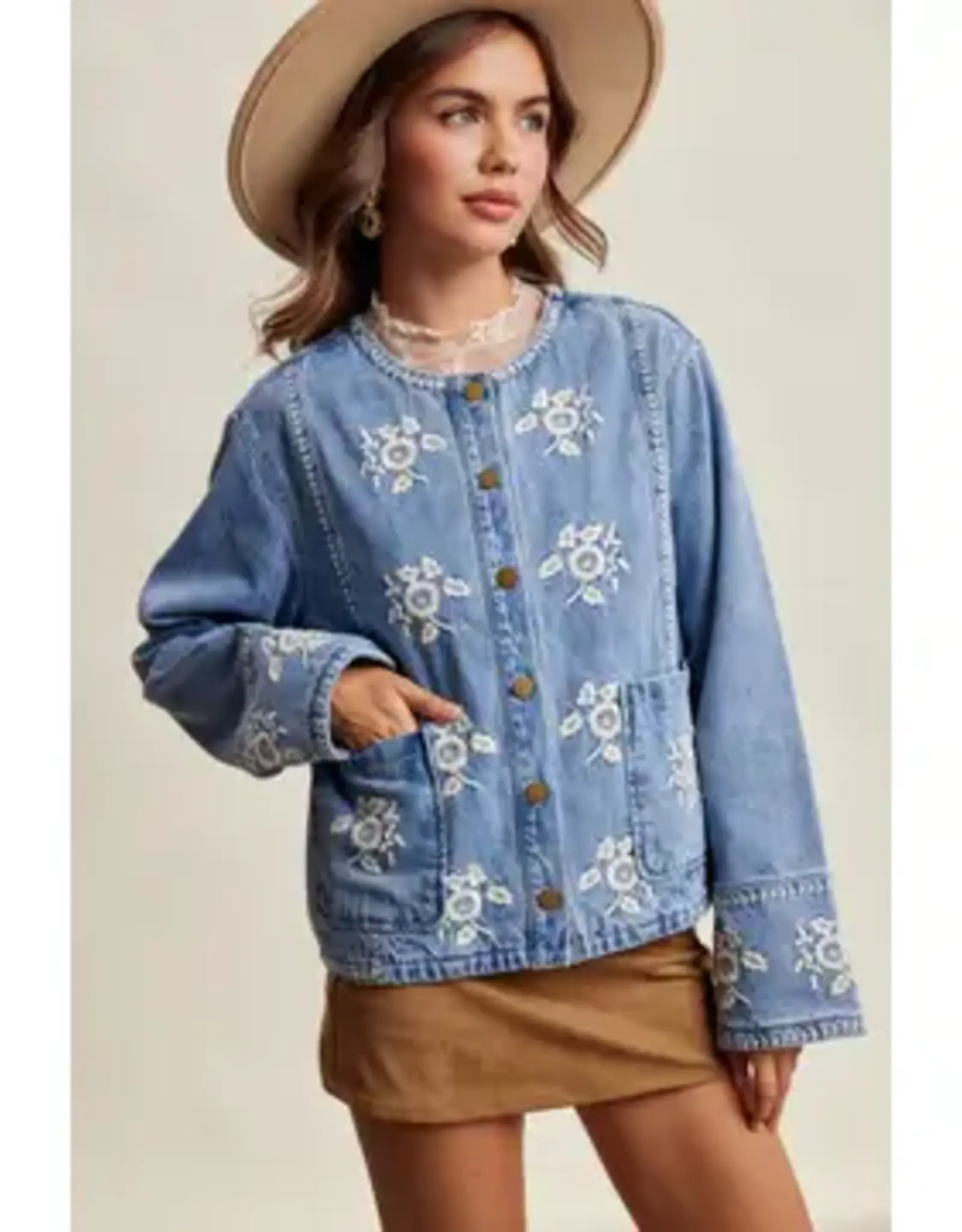 Listicle Embroidered Floral Lined Denim Jacket