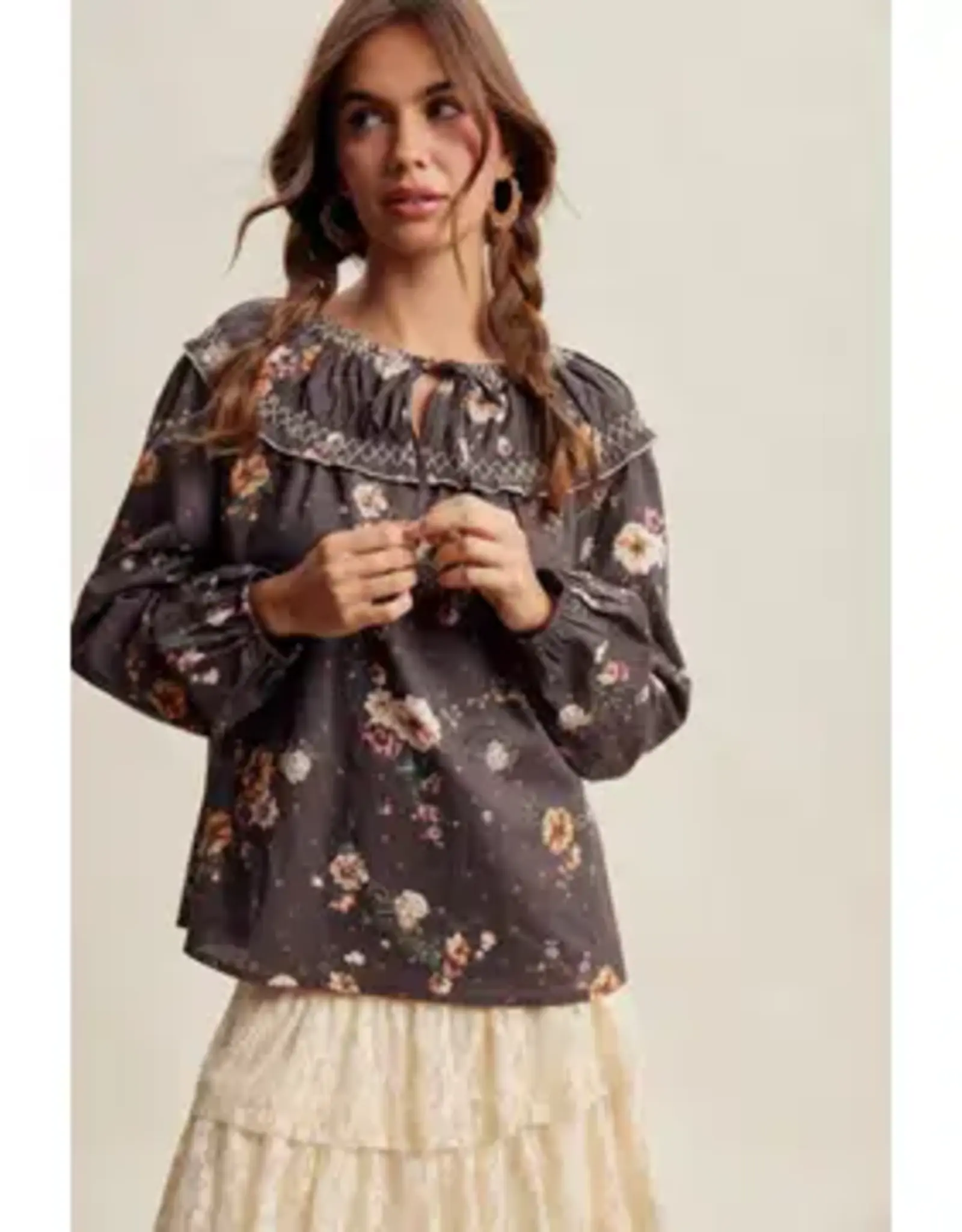 Listicle Embroidered Yoke Floral Blouse