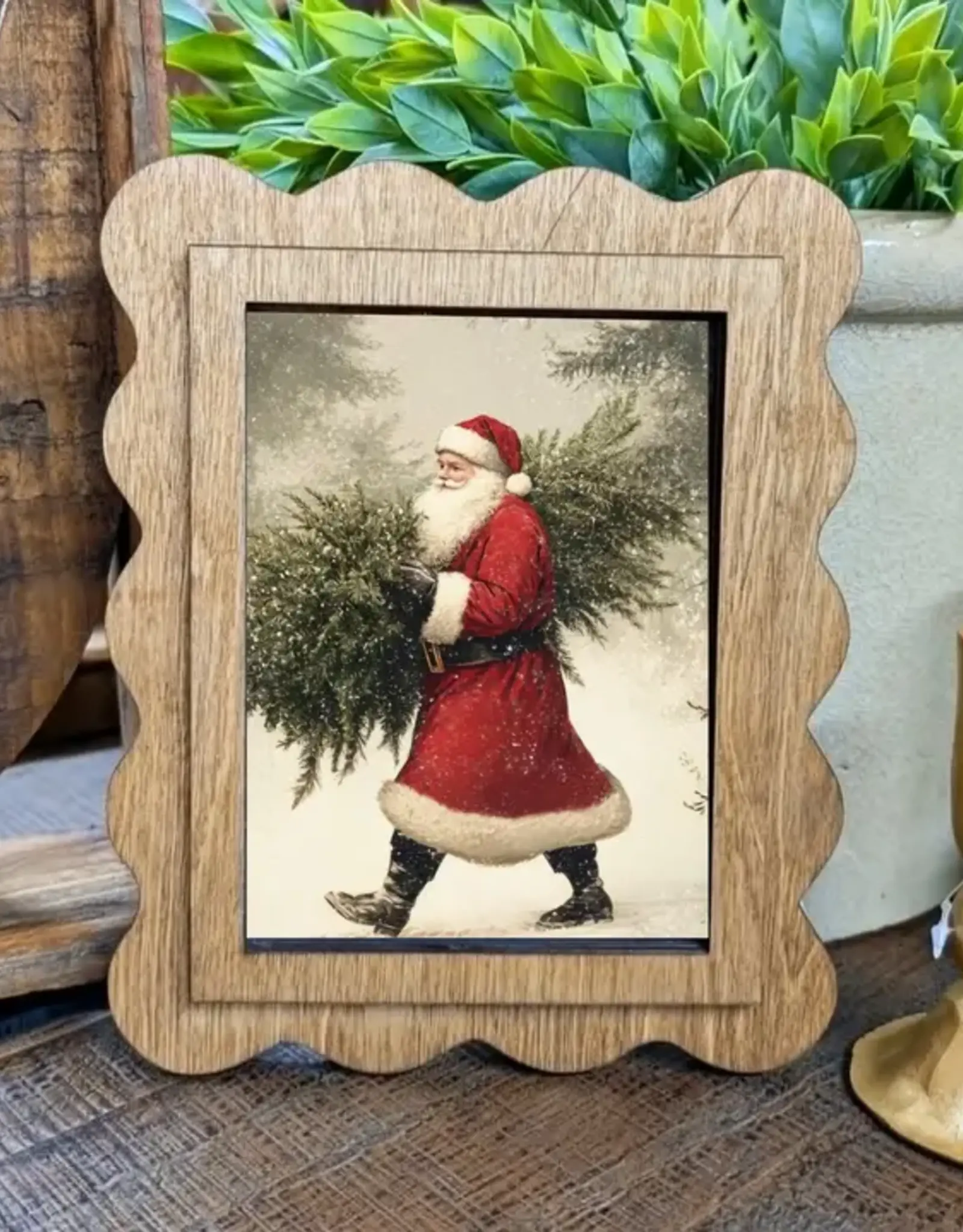 Redeemed Decor Scalloped Framed Art, Santa With Tree 6x8"