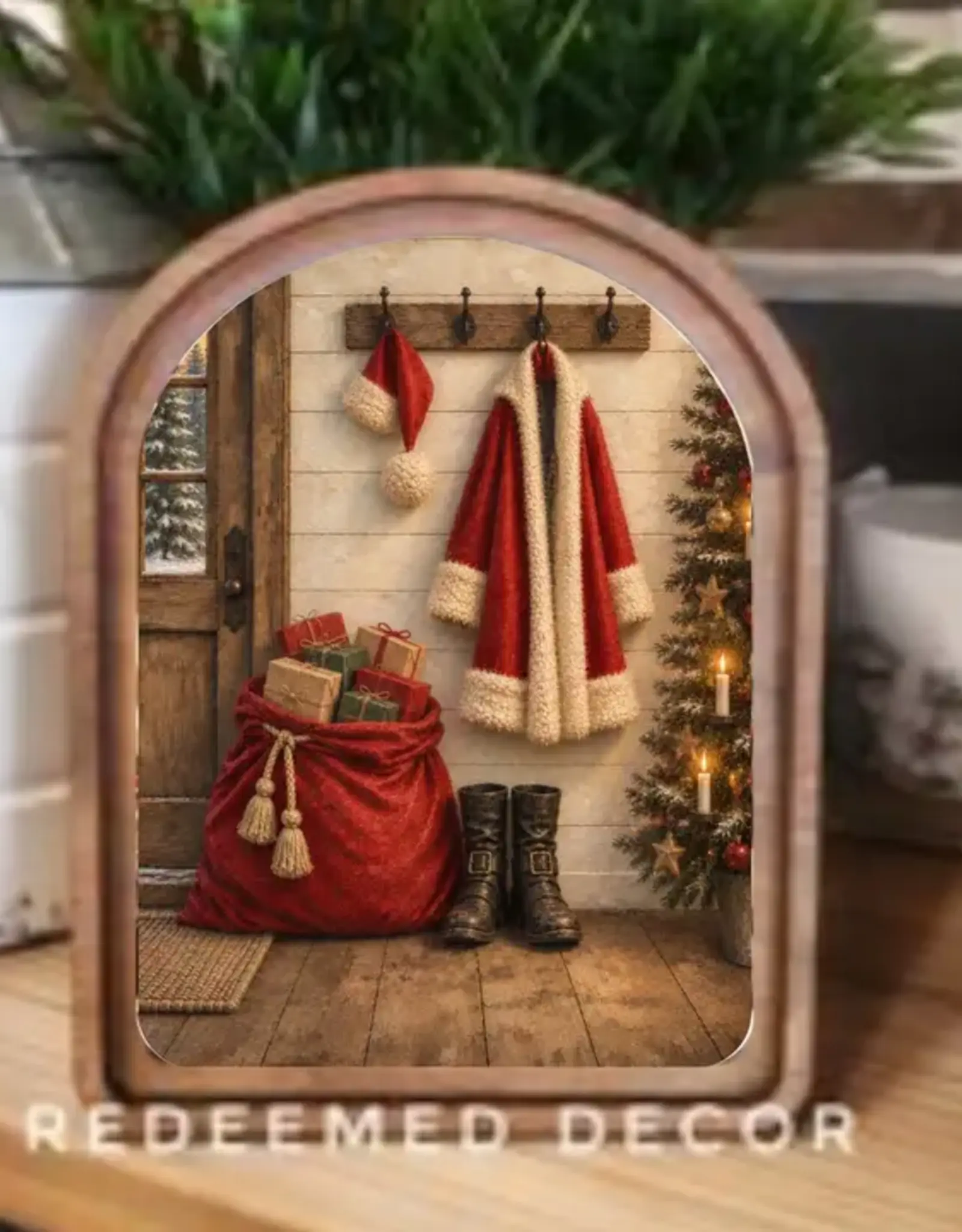 Redeemed Decor Arch Top Framed Art, Santa Suit