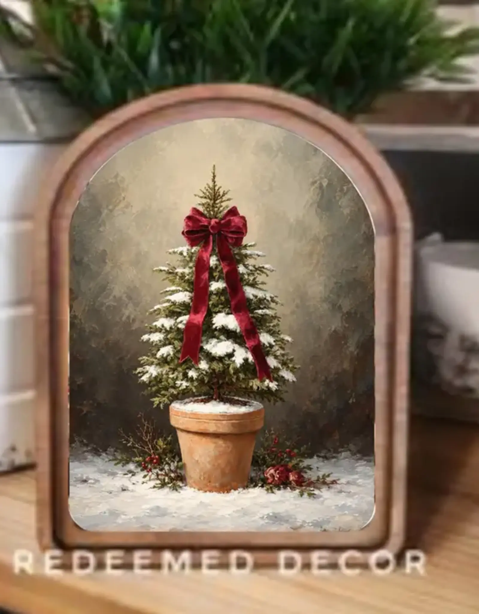 Redeemed Decor Arch Top Framed Art, Tree With Bow 8x11"