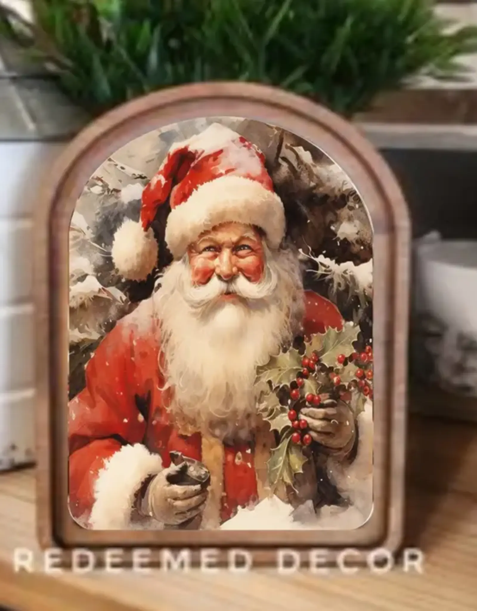 Redeemed Decor Arch Top Framed Art, Santa With Holly