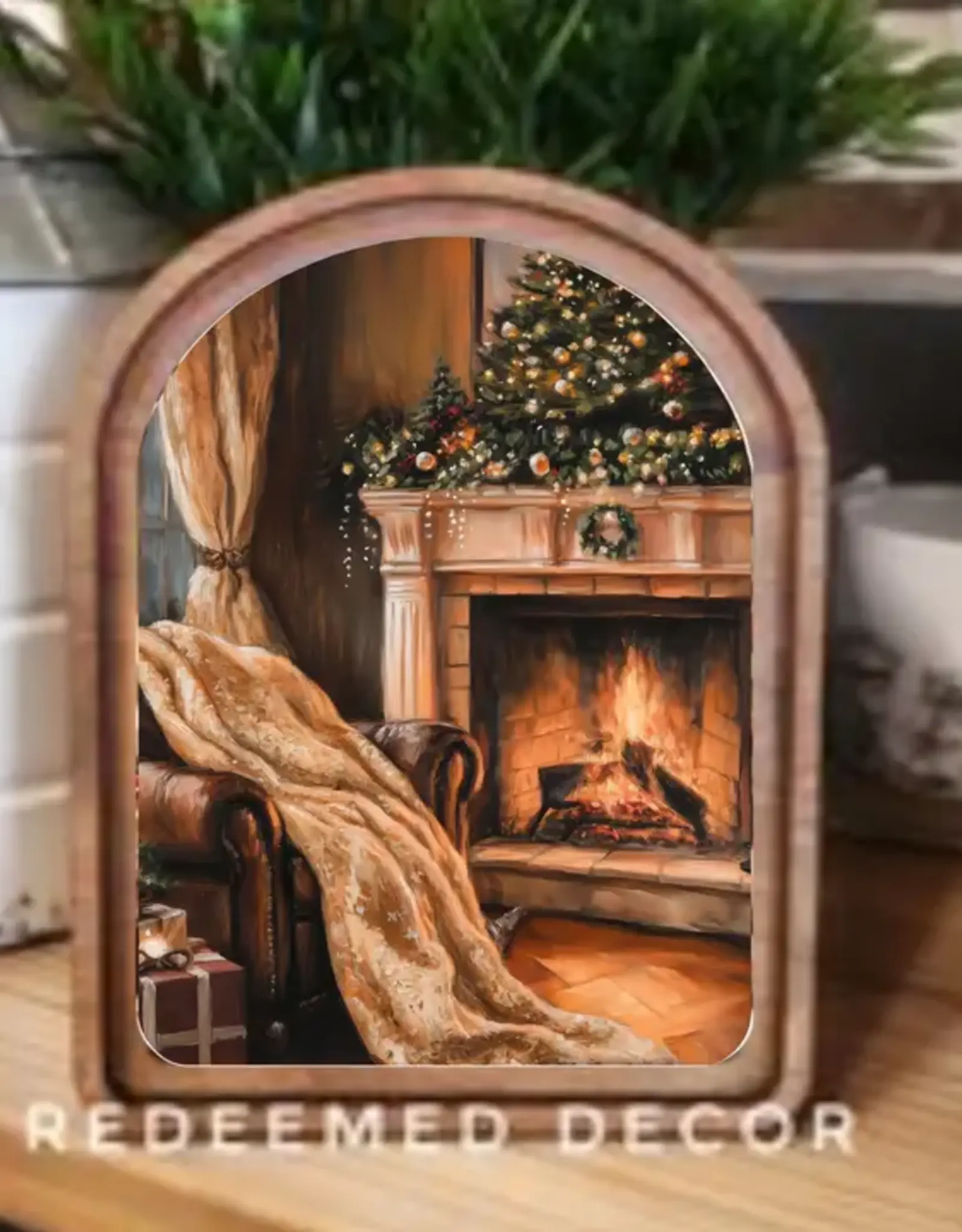 Redeemed Decor Arch Top Framed Art, Holiday Mantel