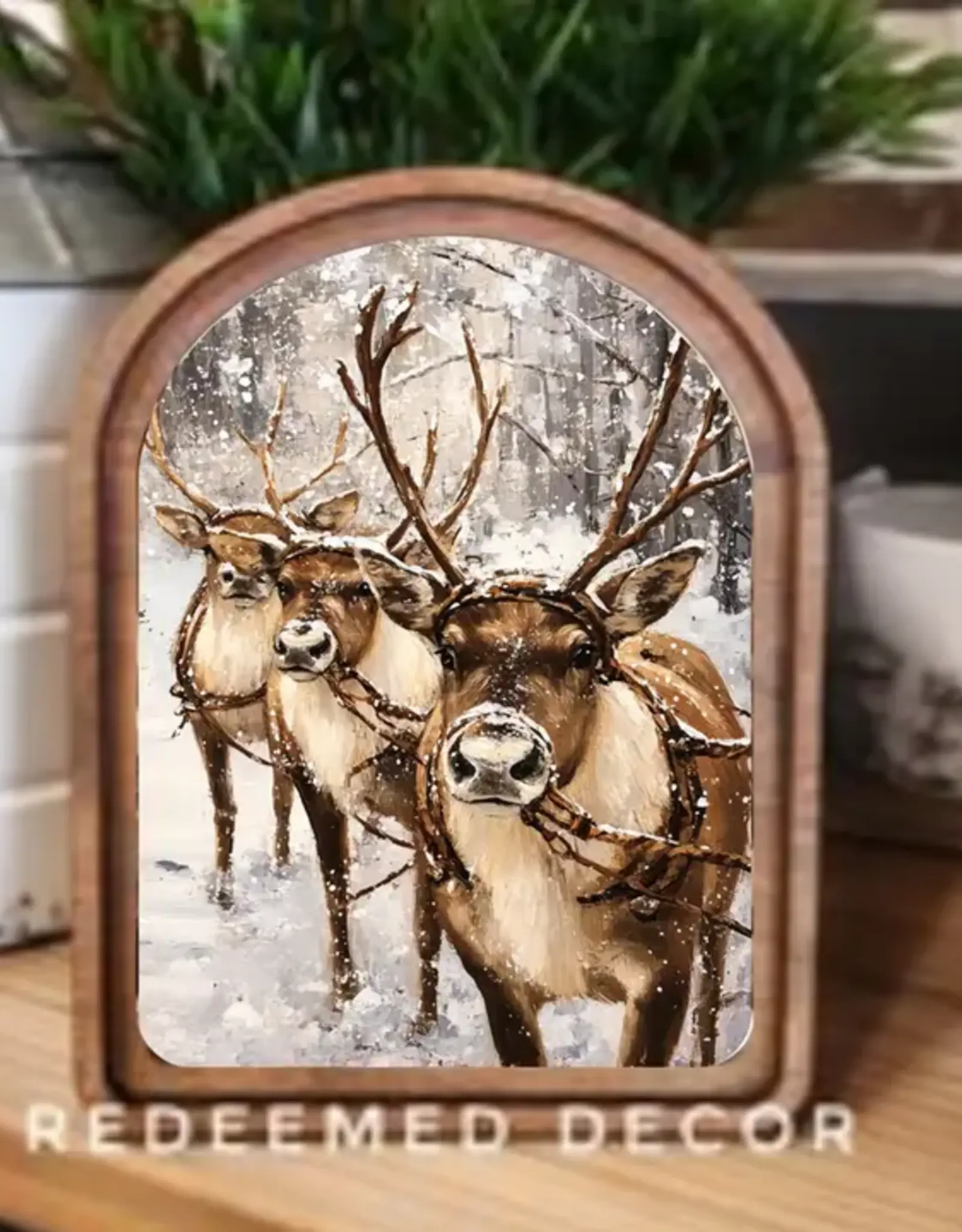 Redeemed Decor Scalloped Framed Art, Reindeer Trio 6x8"