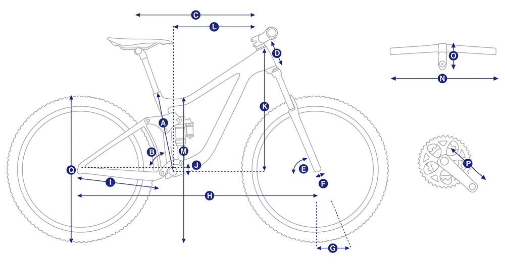 Bike diagram with measurments referenced in the table to follow.
