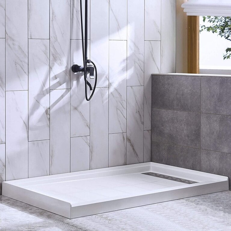 Shower Base in Resin / SMC 36x48 linear drain alcove installation drain gauche