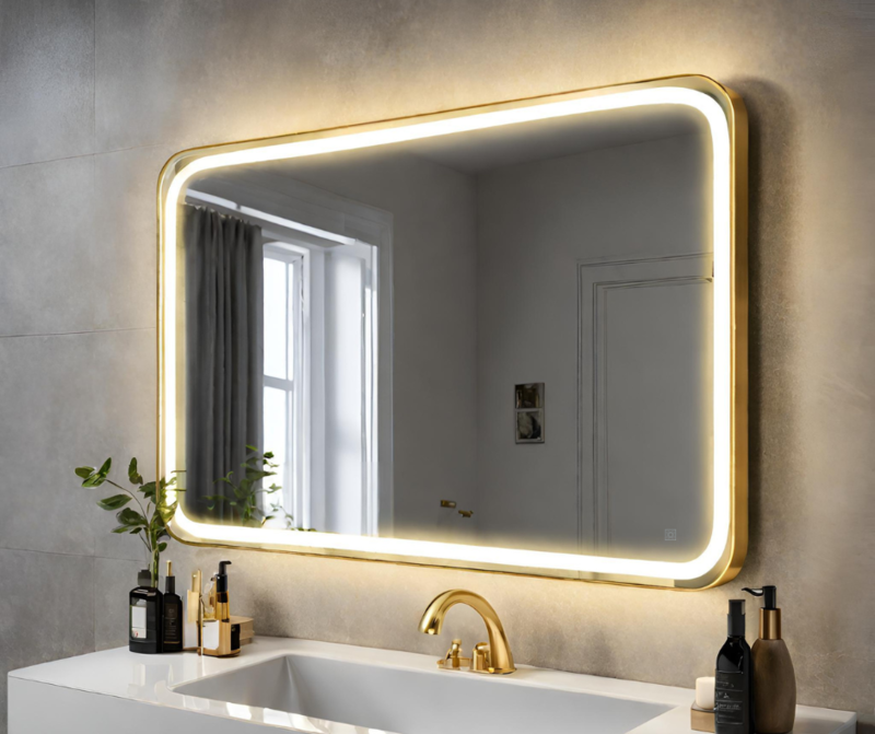 Miroir LED rectangulaire bordures or brossé arrondies AMC