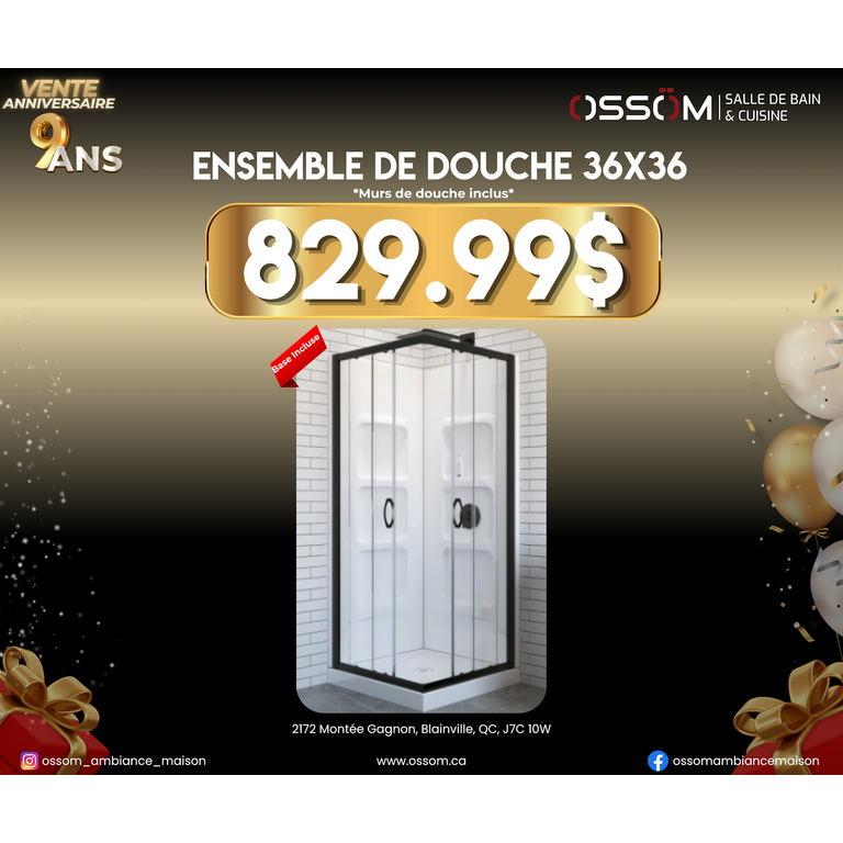 Ensemble de douche 36x36 Noir Mat- Murs Inclus