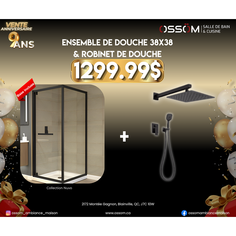 Ensemble de douche 38x38 & Robinet de douche Korvo Noir Mat