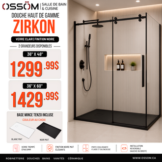 Ensemble Douche Coulissante Zirkon 36'' x 60'' - Base Incluse