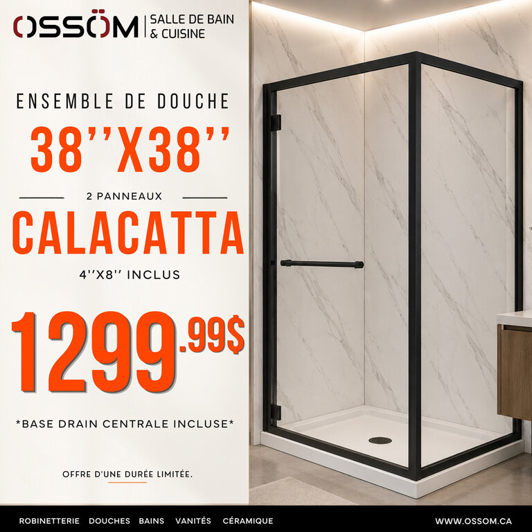 Douche 38''x38''  +  2 Murs de douche en PVC Calacatta Grigio 4'x8' 5mm