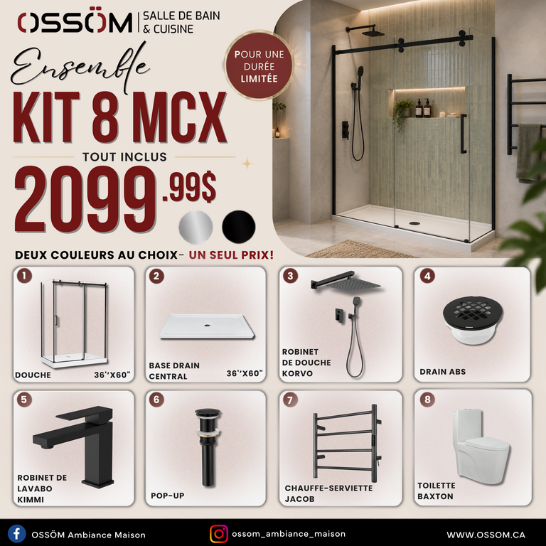 Ensemble 8 MCX- Douche Chrome ou Noir Mat 36''x60''