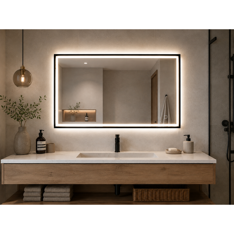 Miroir LED rectangulaire avec bordures noires carrées AMC