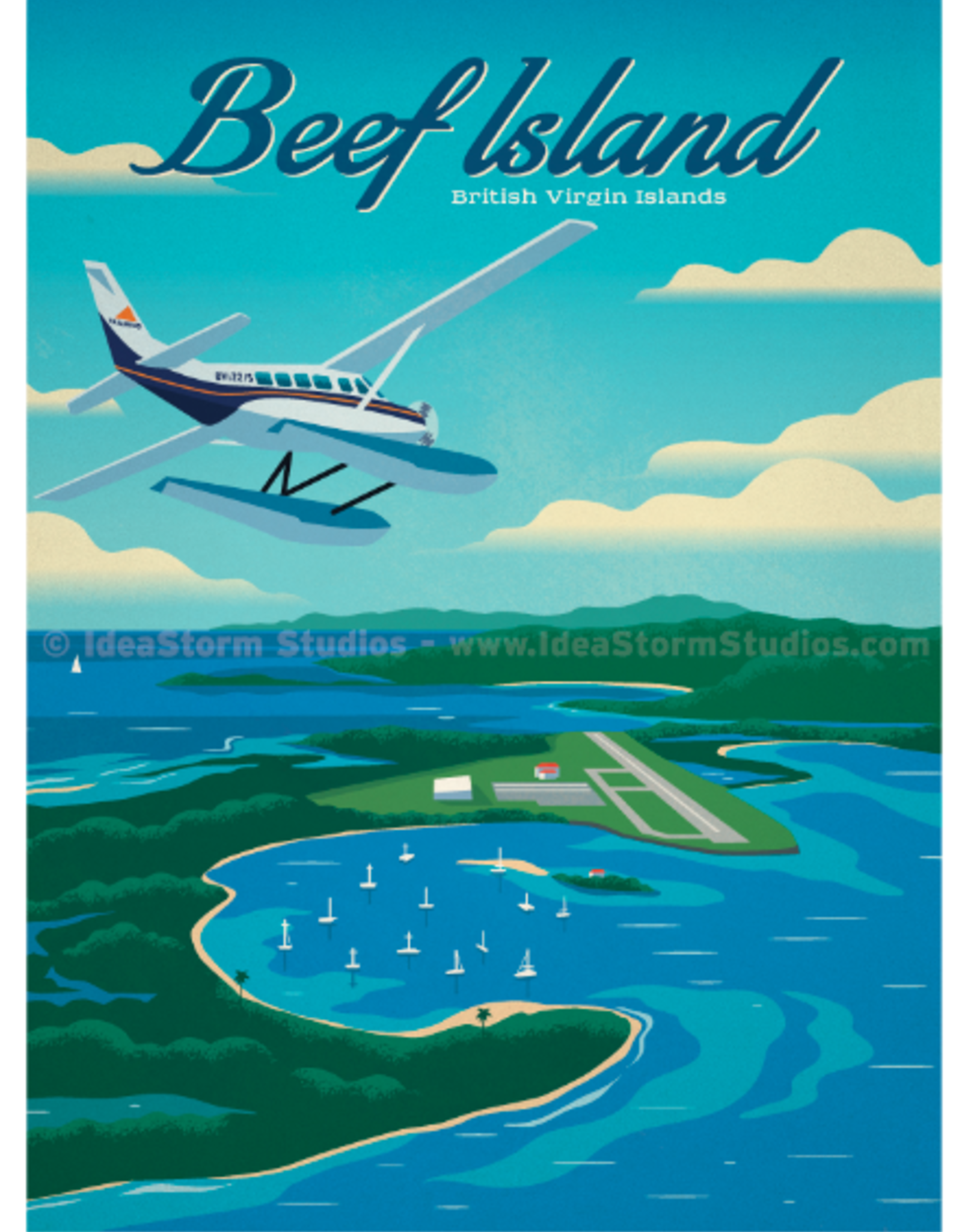 Beef Island   - BVI Retro travel poster - Giclee print 12" x 16"