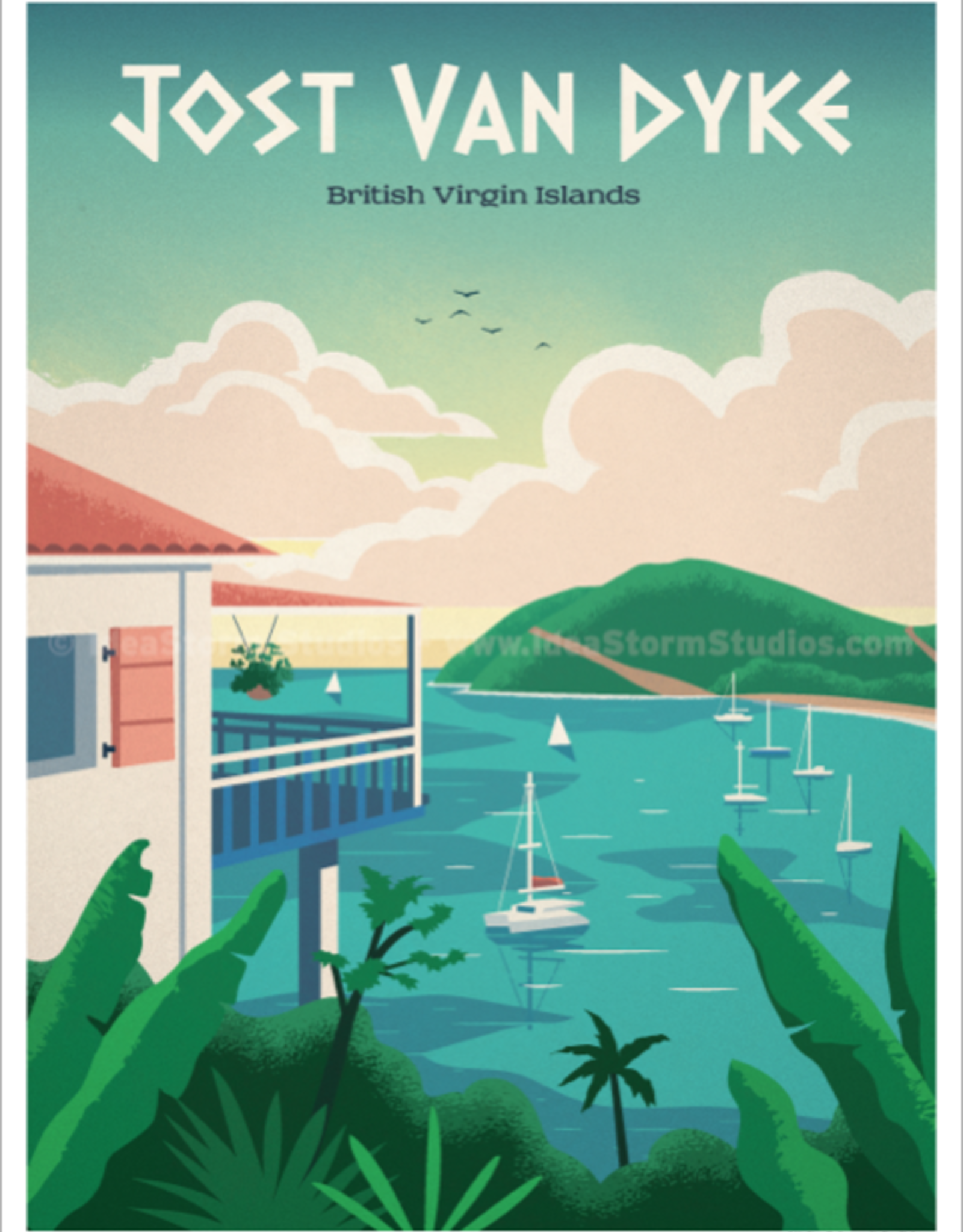 Jost Van Dyke - BVI Retro travel poster - Giclee print 12" x 16"