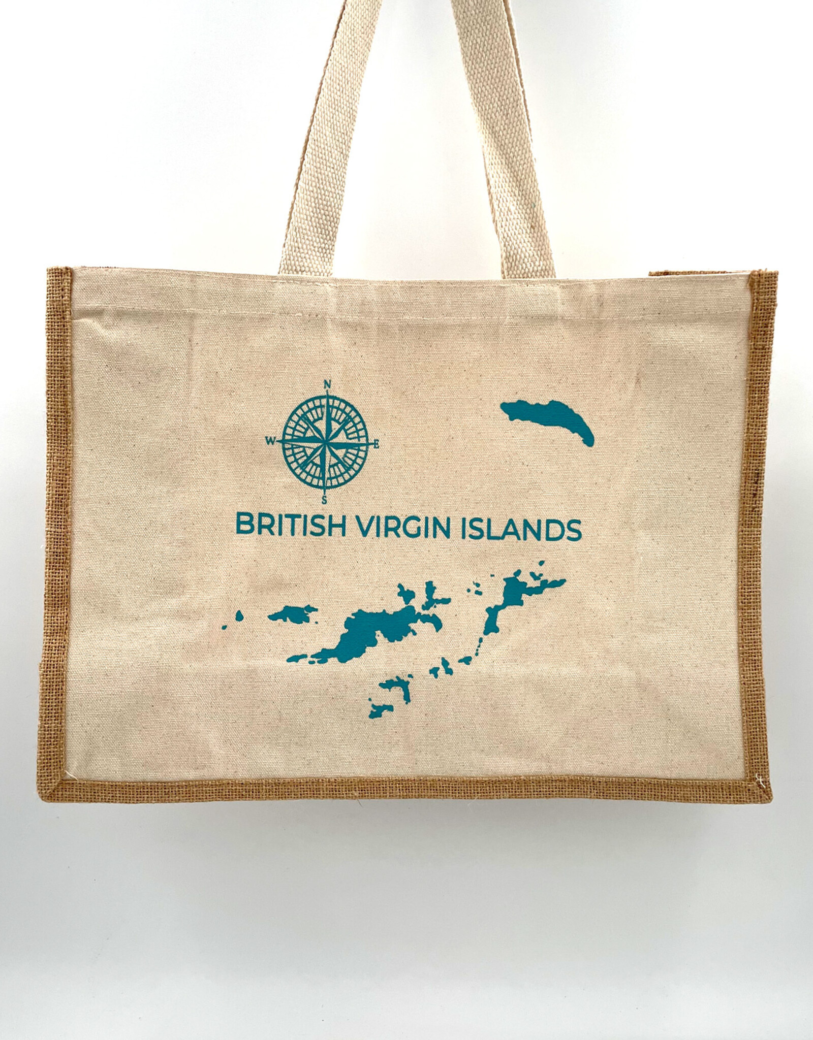 Nutmeg & Co. BVI Map Aqua Tote Bag - Jute and Canvas