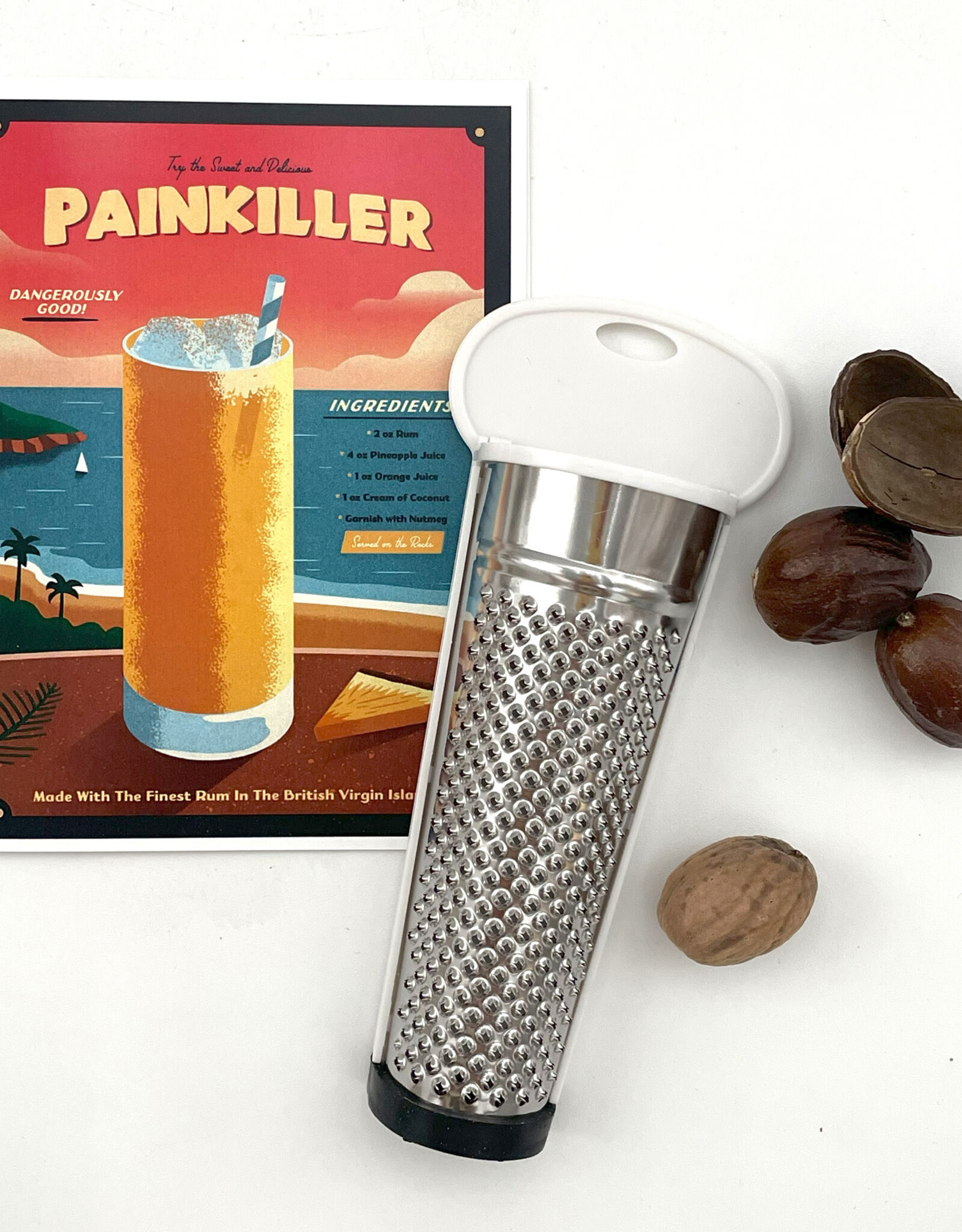 Painkiller Card with Nutmeg Grater and Whole Nutmeg