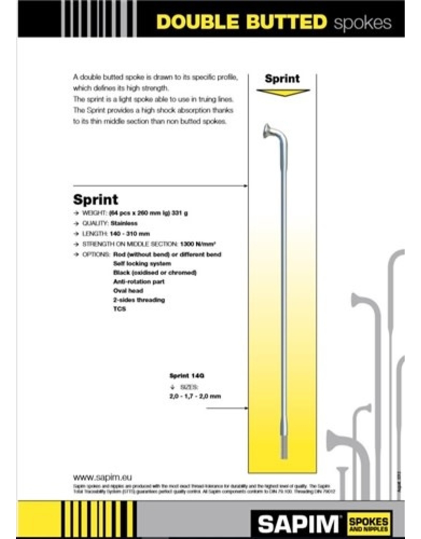 Sapim Spoke Sapim Sprint Straight-Pull 2.0/1.7/2.0 mm 298 mm Black