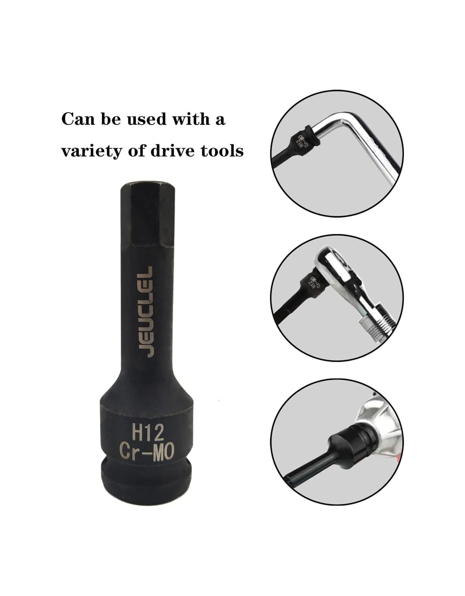 Jeuclel Tool Impact Grade Bit Socket Jeuclel 12 mm Male for 1/2" Drive Cro-moly Black