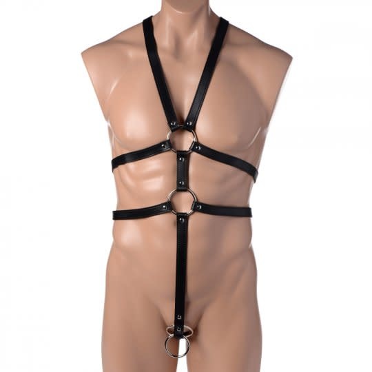 STRICT MALE FULL BODY HARNESS AND COCK RINGS 
