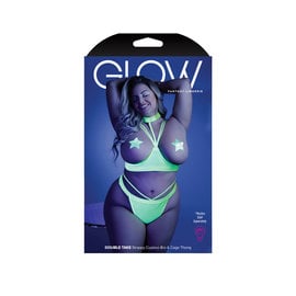 FANTASY LINGERIE GLOW DOUBLE TAKE CUPLESS BRA AND CAGE THONG Q/S