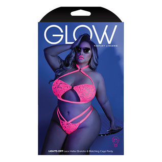 FANTASY LINGERIE GLOW BANDEAU HALTER AND CAGE PANTY NEON PINK Q/S