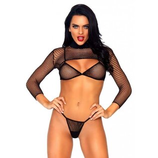 LEG AVENUE LA BIKINI SET FISHNET LONG SLEEVE 3 PC BLACK