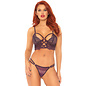 LEG AVENUE LACE BRALETTE WITH CAGE STRAP O-RING BODICE DETAIL AND MATCHING G STRING M/L PLUM